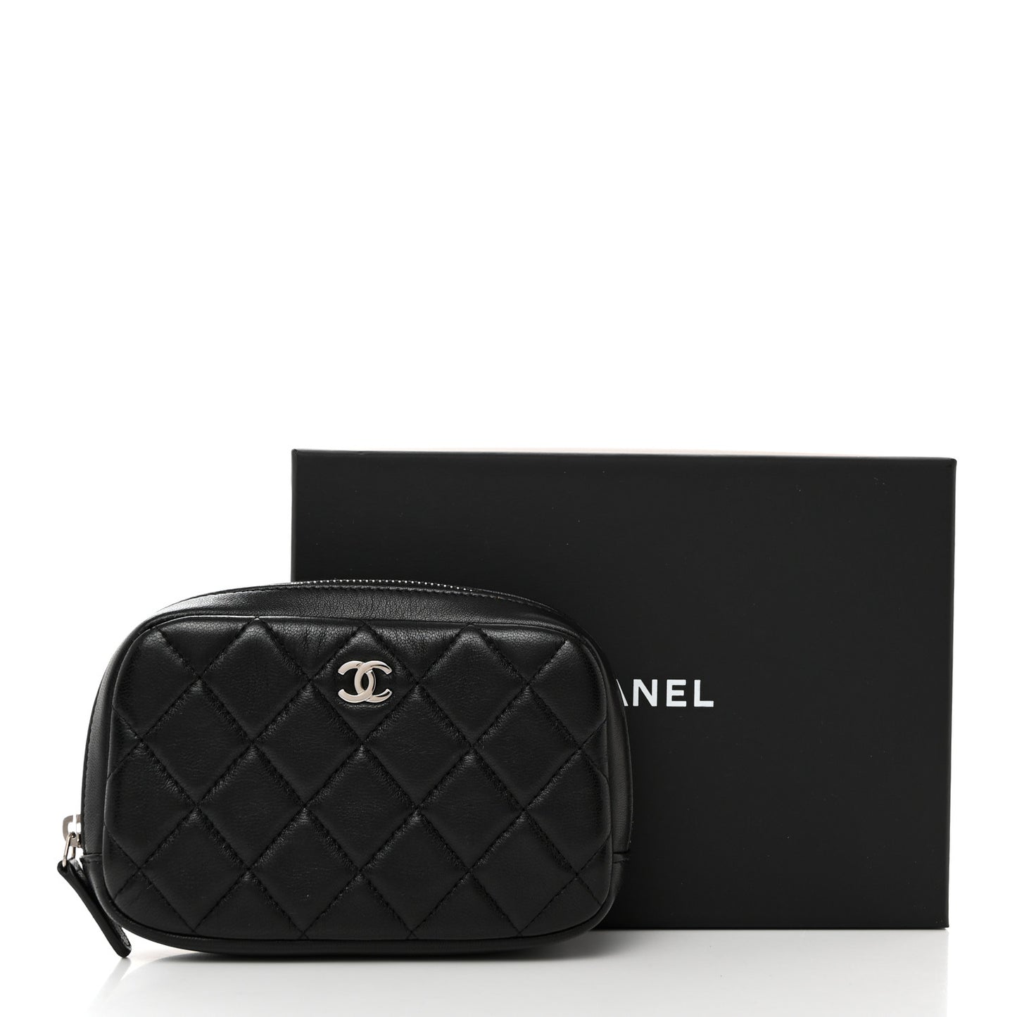 Lambskin Quilted Small Curvy Pouch Cosmetic Case Black