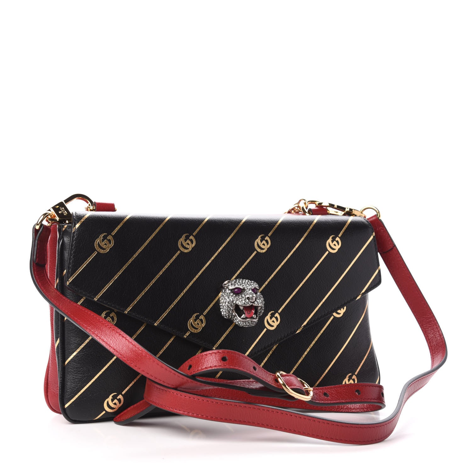 Gucci Calfskin Diagonal GG Medium Thiara Double Envelope Shoulder Bag Black Red 3 of 10