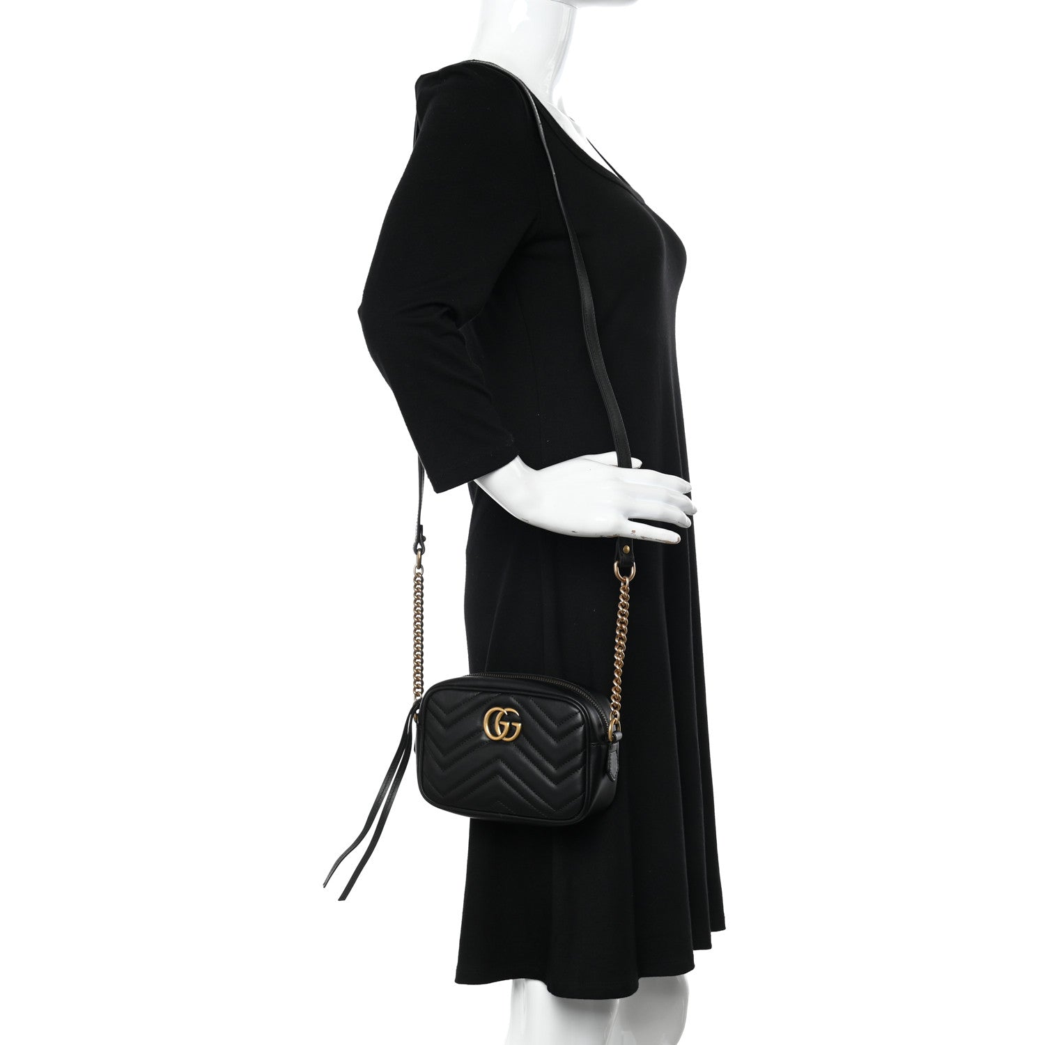 Gucci Calfskin Matelasse Mini GG Marmont Chain Shoulder Bag Black 2 of 10