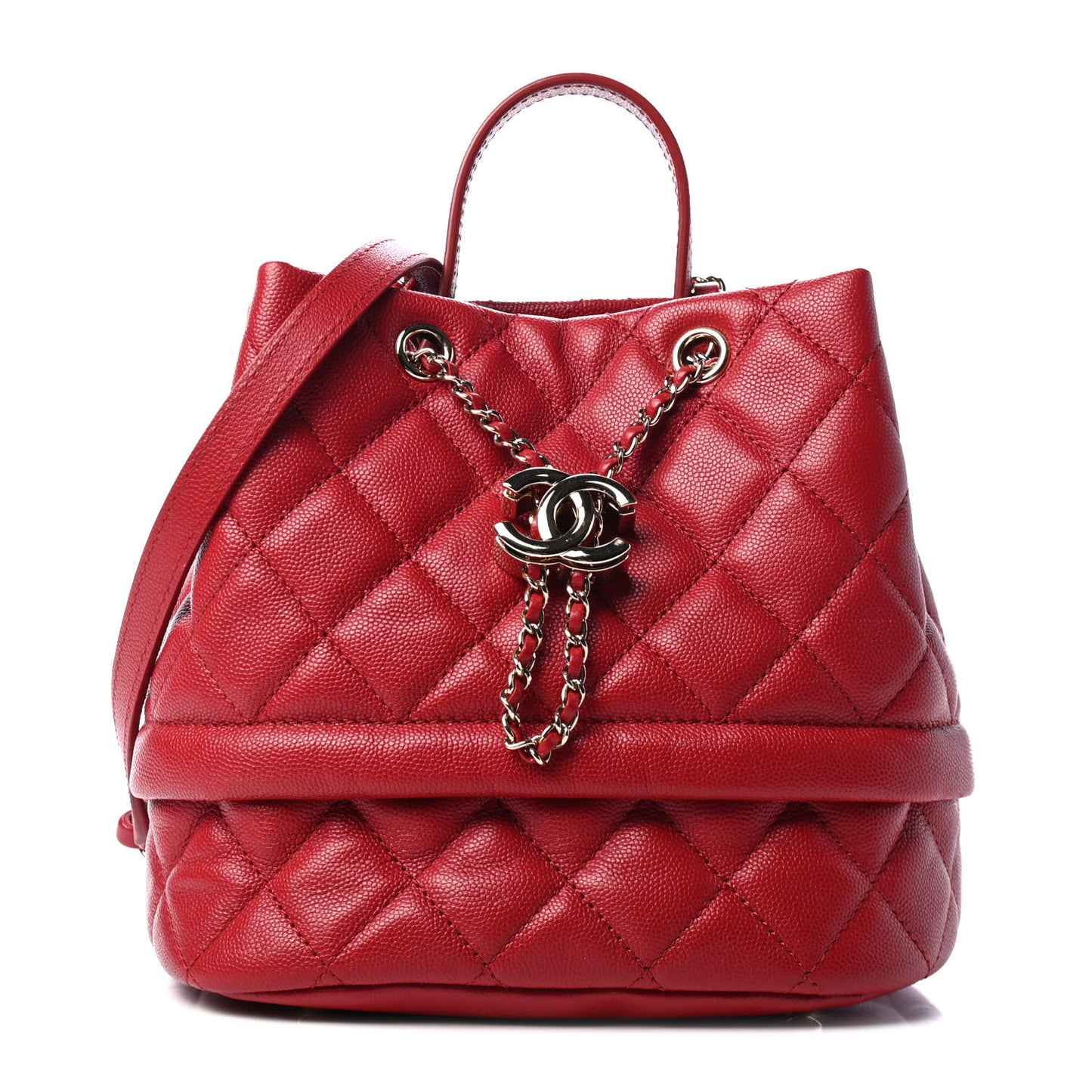 Caviar Quilted Rolled Up Bucket Drawstring Bag Red