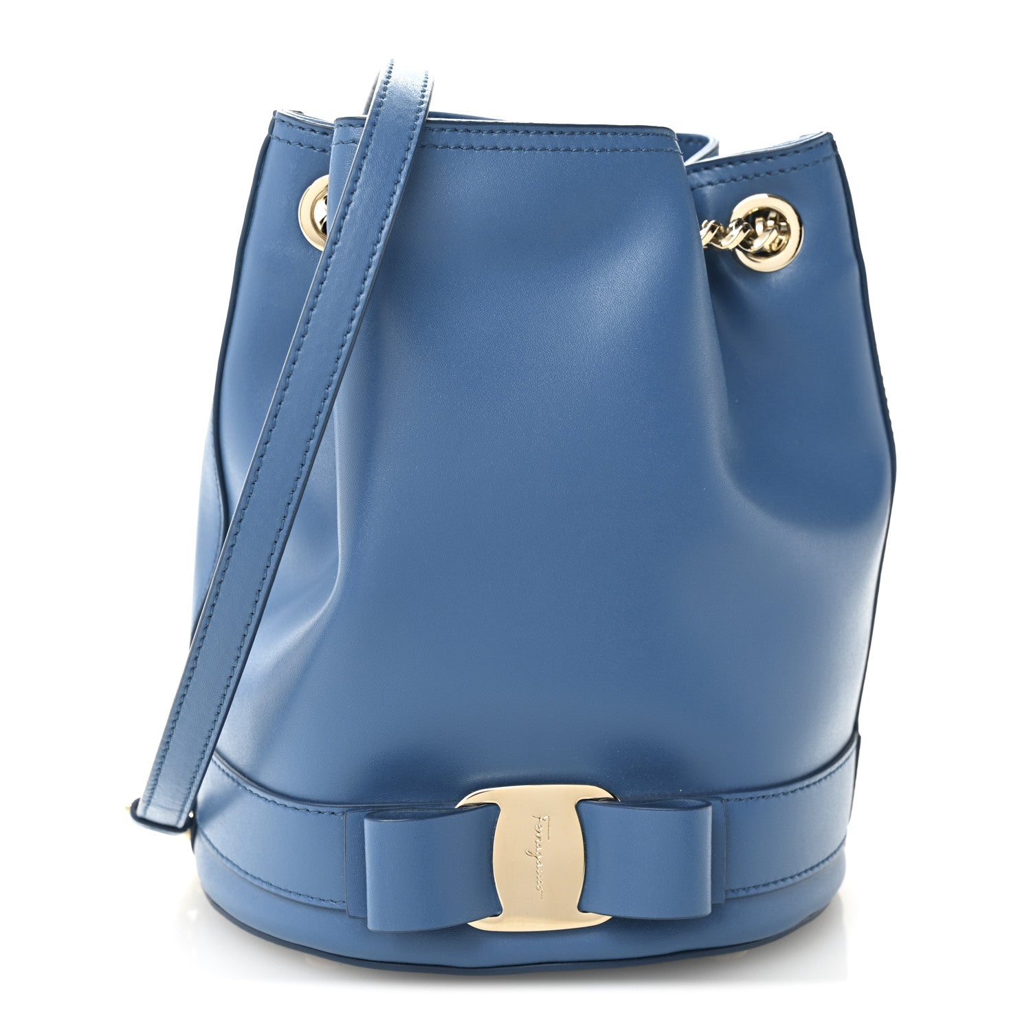 Salvatore Ferragamo Calfskin Vara Bow Bucket Bag Blue 2 of 19