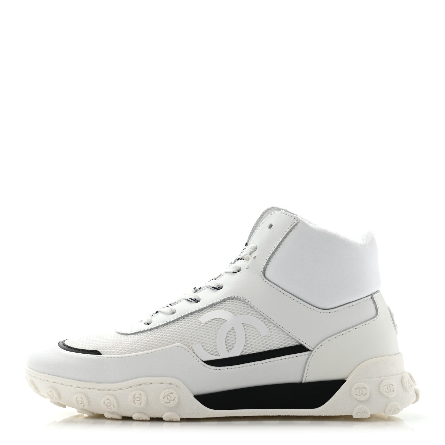 Chanel Calfskin Mesh Lycra Womens Logo High Top Sneakers 37 White 1 of 12