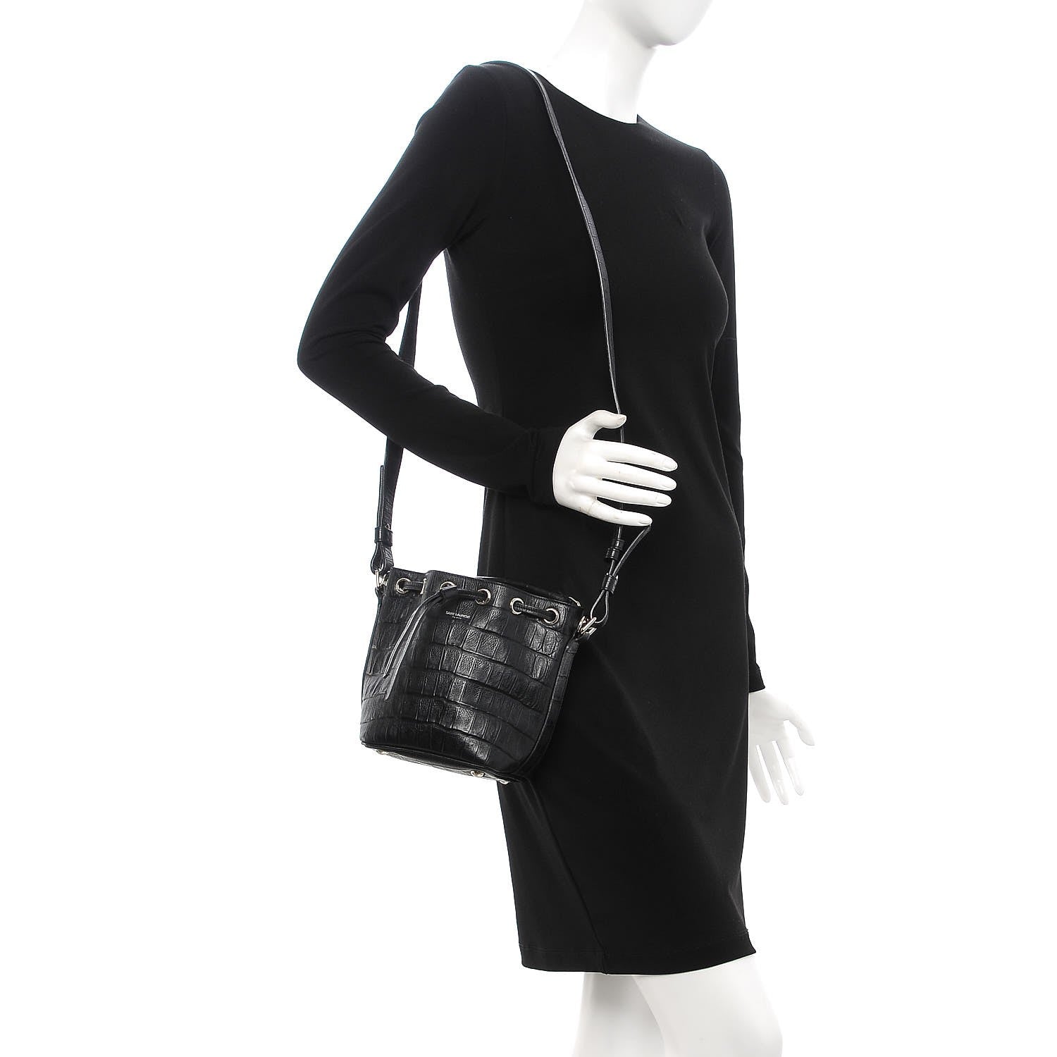 Saint Laurent Croc Calfskin Embossed Small Emmanuelle Bucket Bag Black 2 of 7