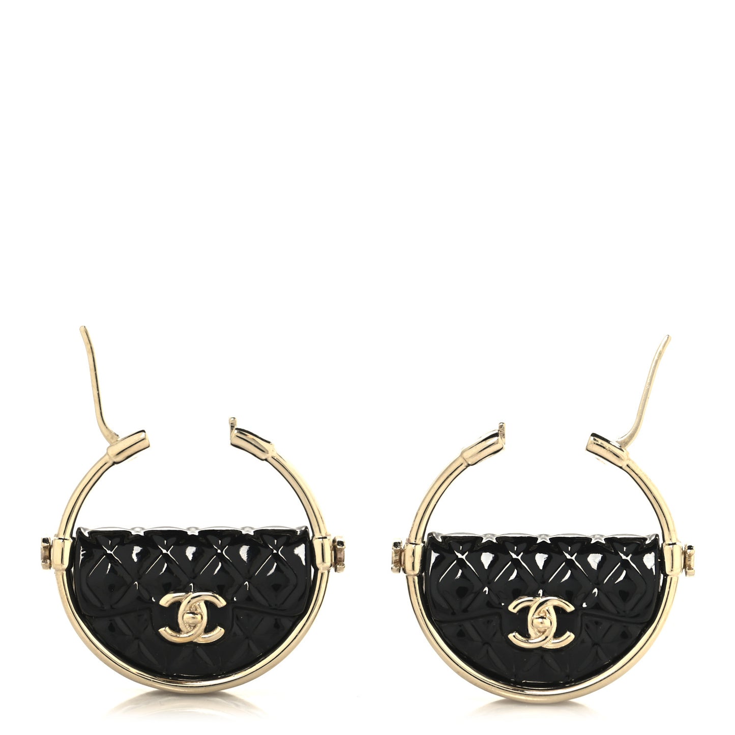 Metal Resin Quilted Flap Bag Hoop Earrings Black Gold