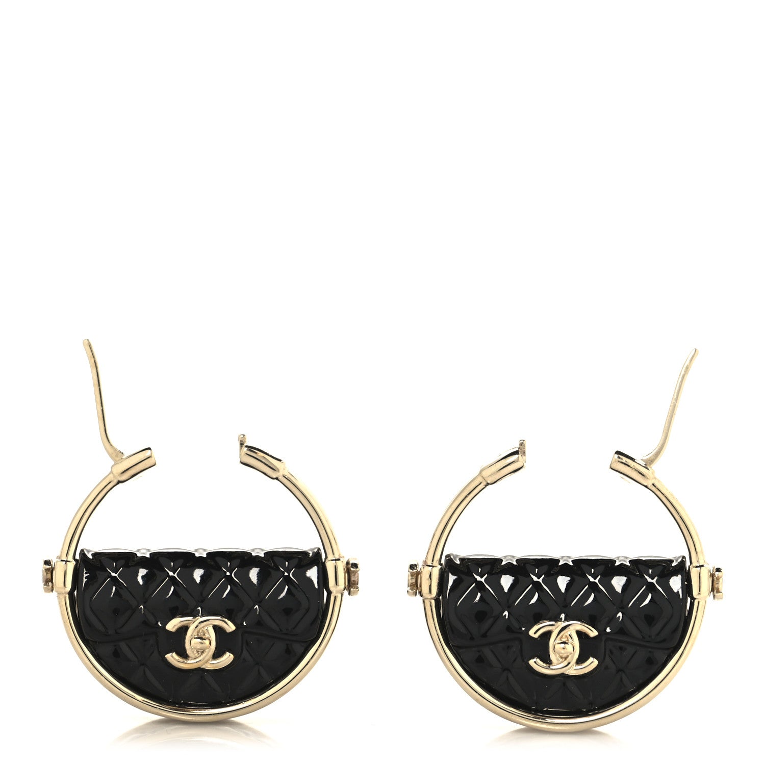 Chanel Metal Resin Quilted Flap Bag Hoop Earrings Black Gold 3 of 4