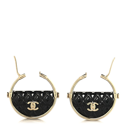 Chanel Metal Resin Quilted Flap Bag Hoop Earrings Black Gold 3 of 4