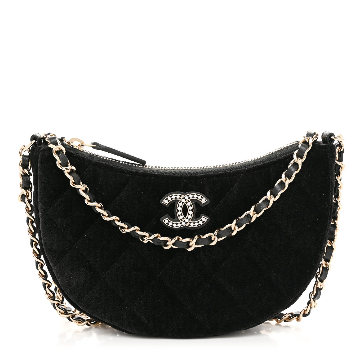 Chanel Velvet Crystal Quilted Chain Hobo Black 1 of 11
