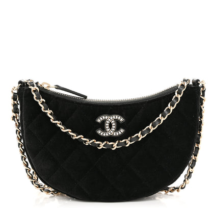 Chanel Velvet Crystal Quilted Chain Hobo Black 1 of 11