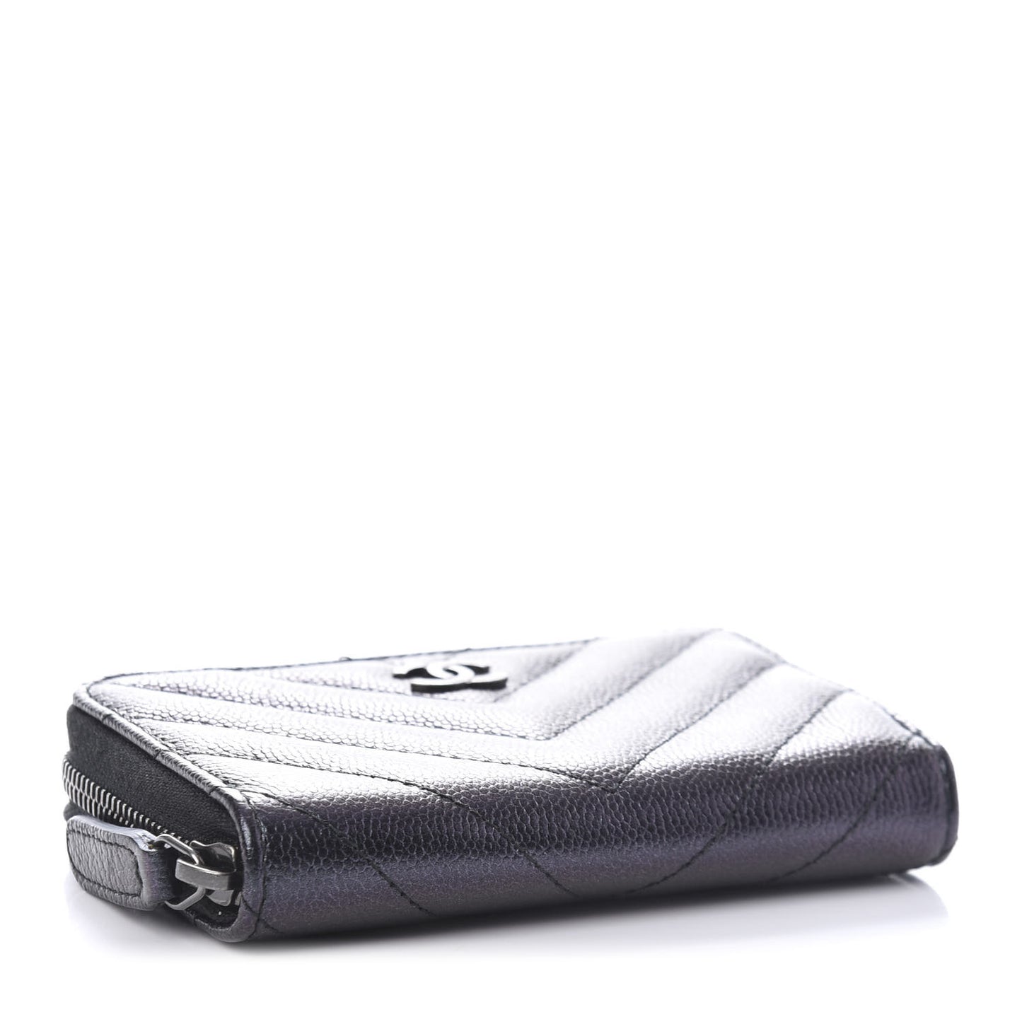 Iridescent Caviar Chevron Quilted Zip Around Coin Purse Black