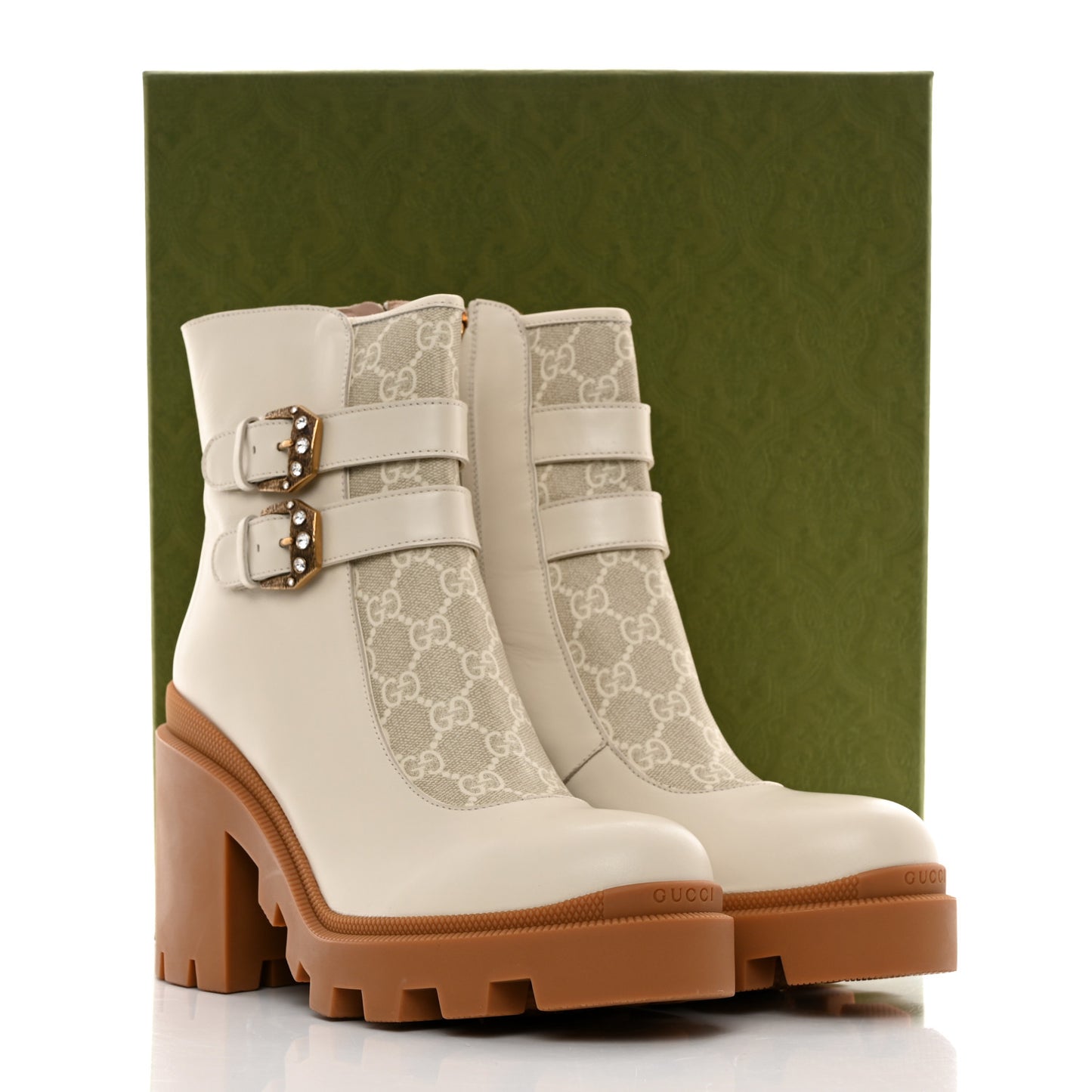 Kensington Calfskin Nappa GG Supreme Monogram Womens Double Buckle Ankle Boots 41 Mystic White Beige