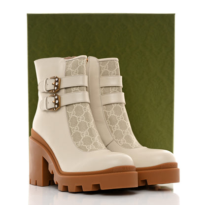 Gucci Kensington Calfskin Nappa GG Supreme Monogram Womens Double Buckle Ankle Boots 41 Mystic White Beige 9 of 9