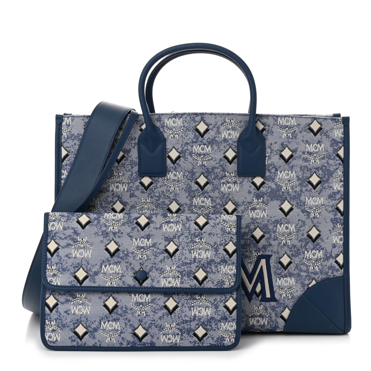 MCM Jacquard Monogram Munchen Extra Large Tote Blue 3 of 11