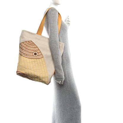 Hermes H Canvas Embroidered Poisson Natte Beach Bag Camel Jaune 2 of 8