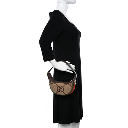 Gucci Monogram Jumbo GG Textured Dollar Calfskin Web Mini Ophidia Half Moon Hobo Camel Ebony New Acero 2 of 10