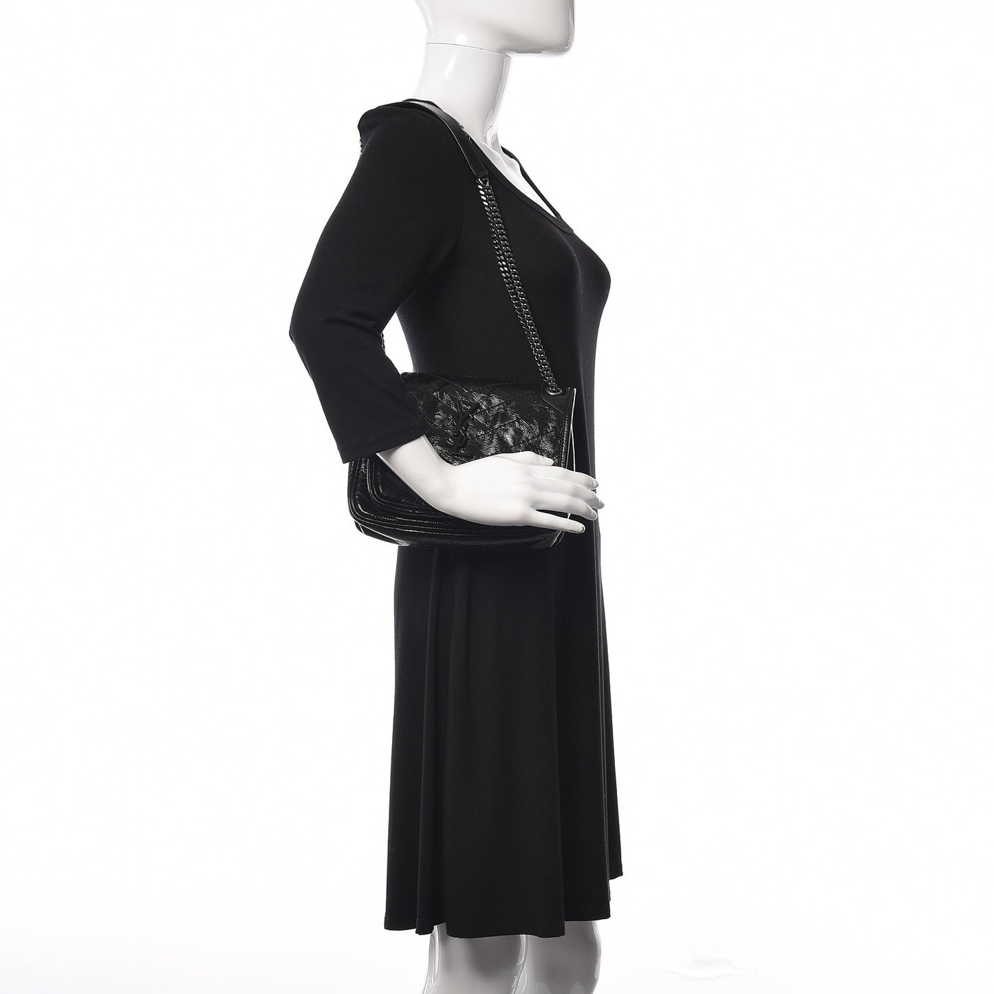 Crinkled Calfskin Matelasse Monogram Medium Niki Chain Satchel Black