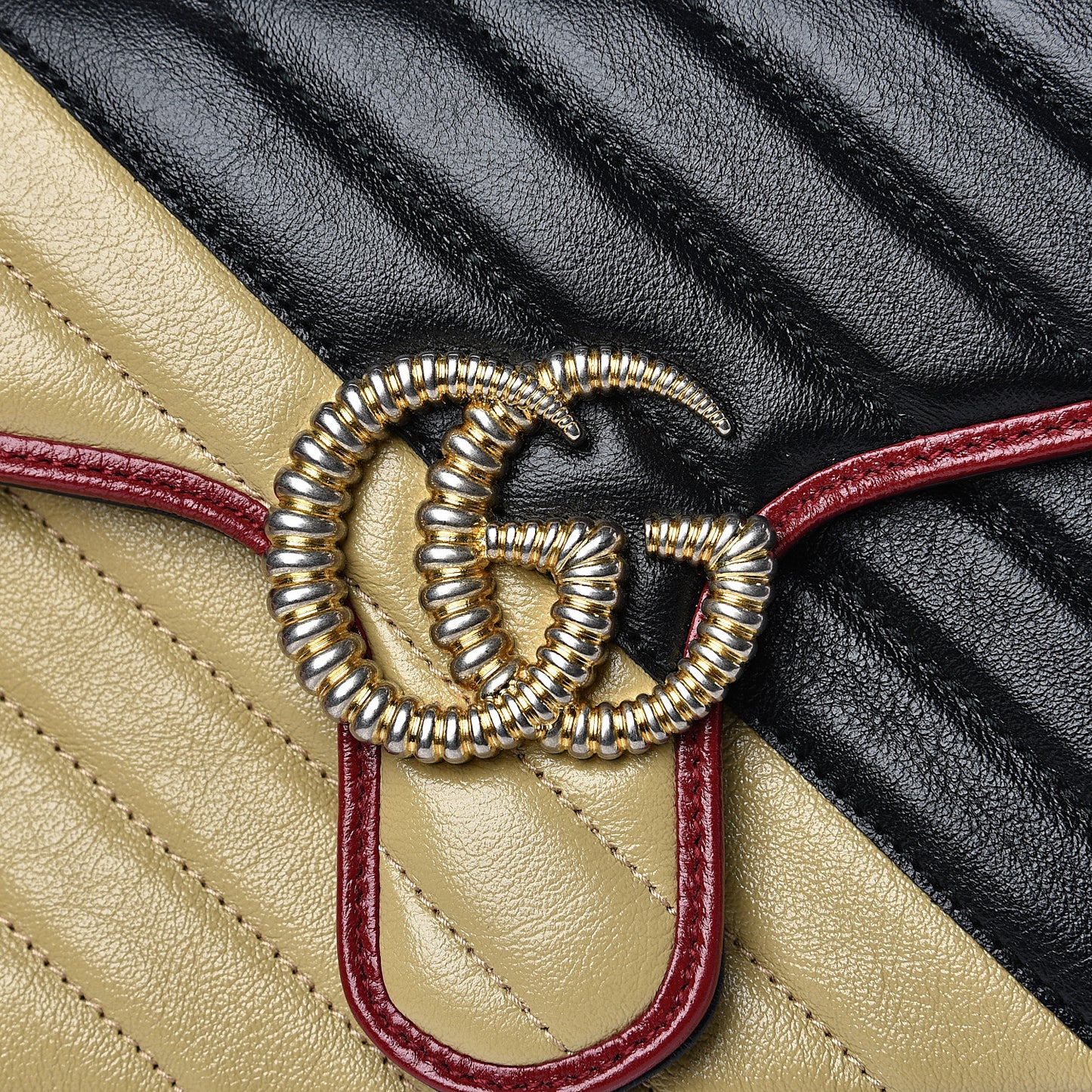 Vintage Effect Calfskin Matelasse Diagonal Striped Small Torchon GG Marmont Shoulder Bag Black Beige