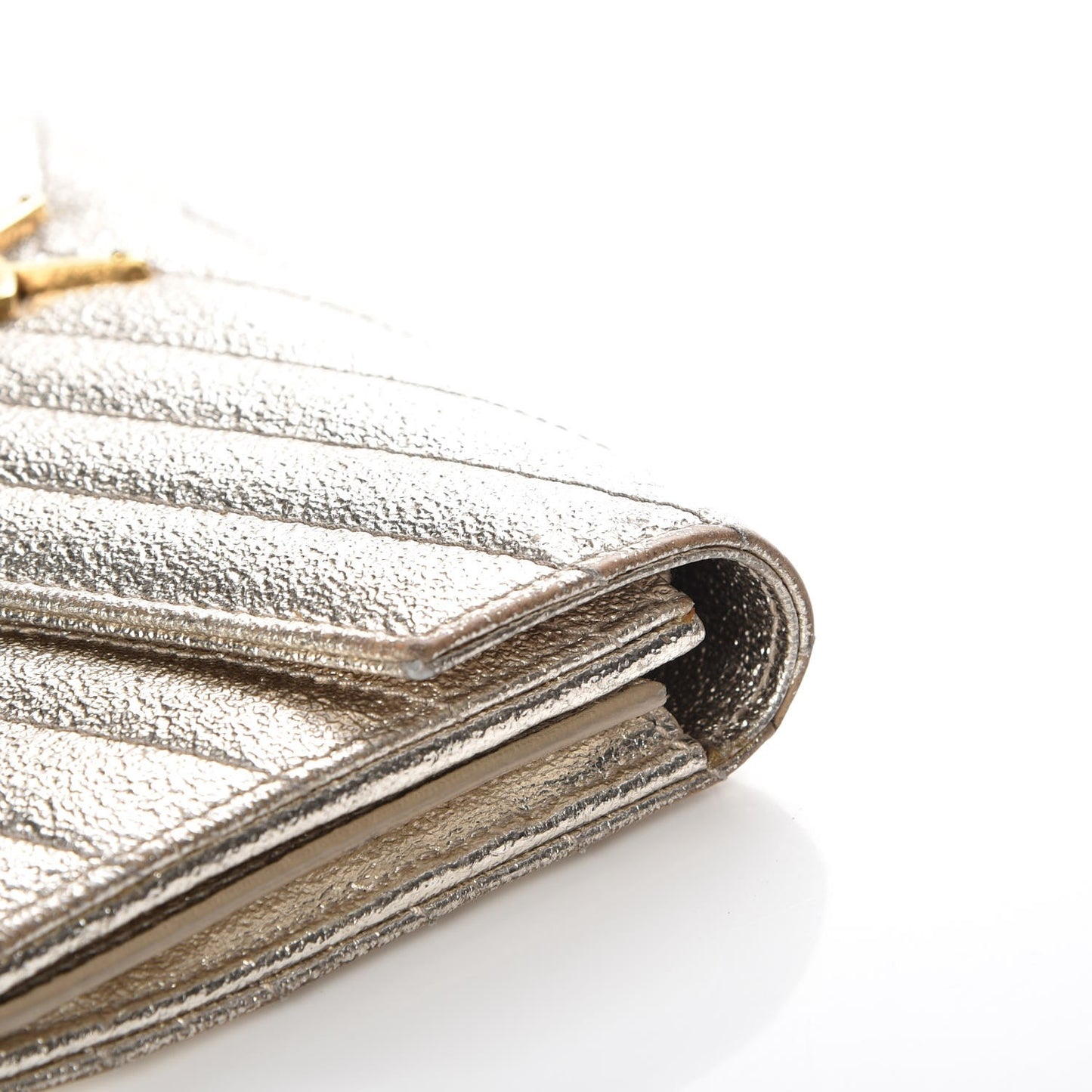 Metallic Crackled Calfskin Matelasse Chevron Monogram Flap Wallet Gold