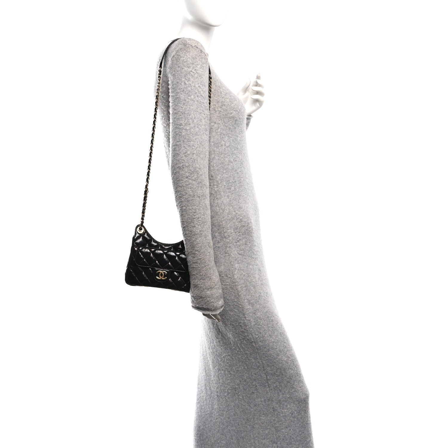 Chanel Shiny Crumpled Calfskin Quilted Small Wavy CC Hobo Black 2 of 10
