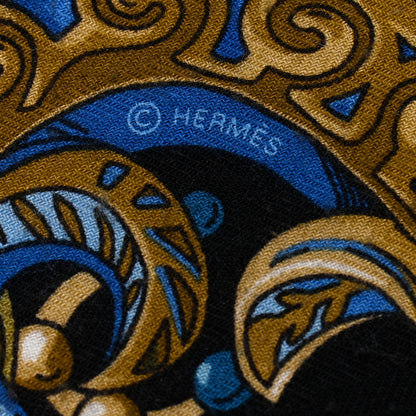Hermes Cashmere Silk Zenobie Reine De Palmyre Shawl 140 Black Mordore Bleu 4 of 5