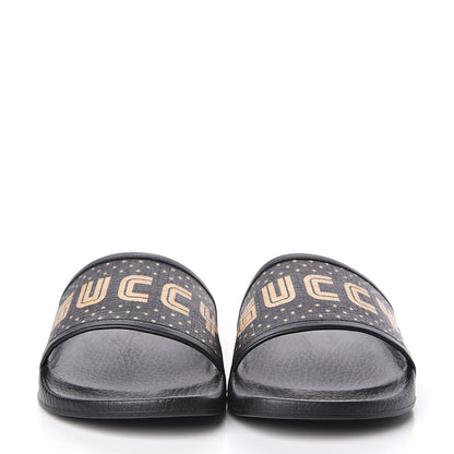 Gucci X SEGA Supreme Canvas GUCCY Stars Womens Slide Sandals 39 Black Gold 2 of 9