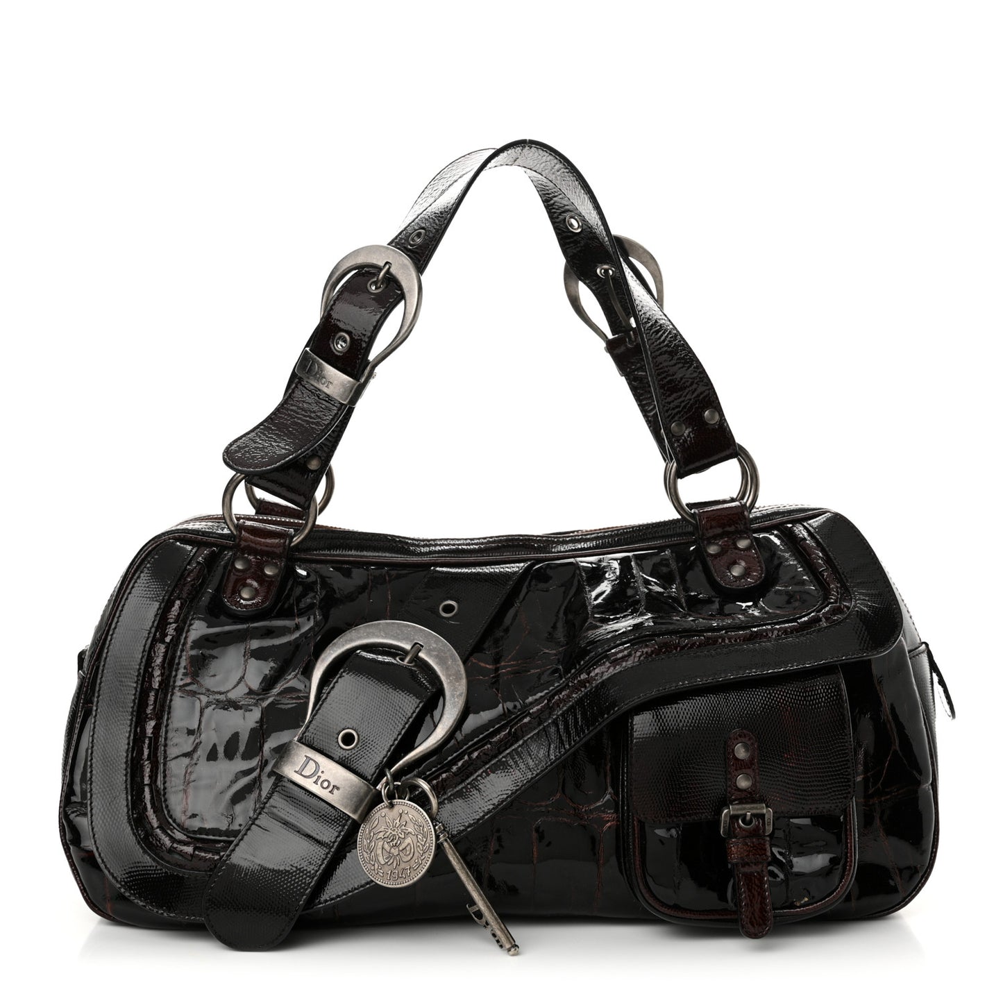Patent Crocodile Embossed Medium Gaucho Double Saddle Bag Dark Brown