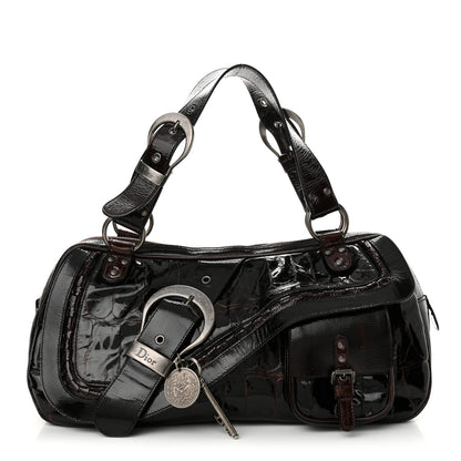 Christian Dior Patent Crocodile Embossed Medium Gaucho Double Saddle Bag Dark Brown 1 of 11