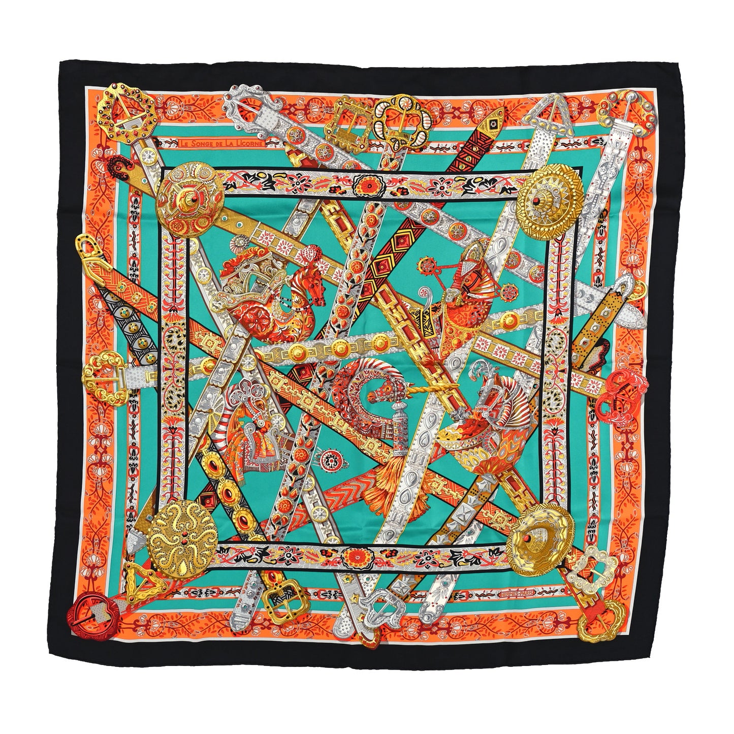 Silk Le Songe De La Licorne Scarf 90 Vert Orange Black