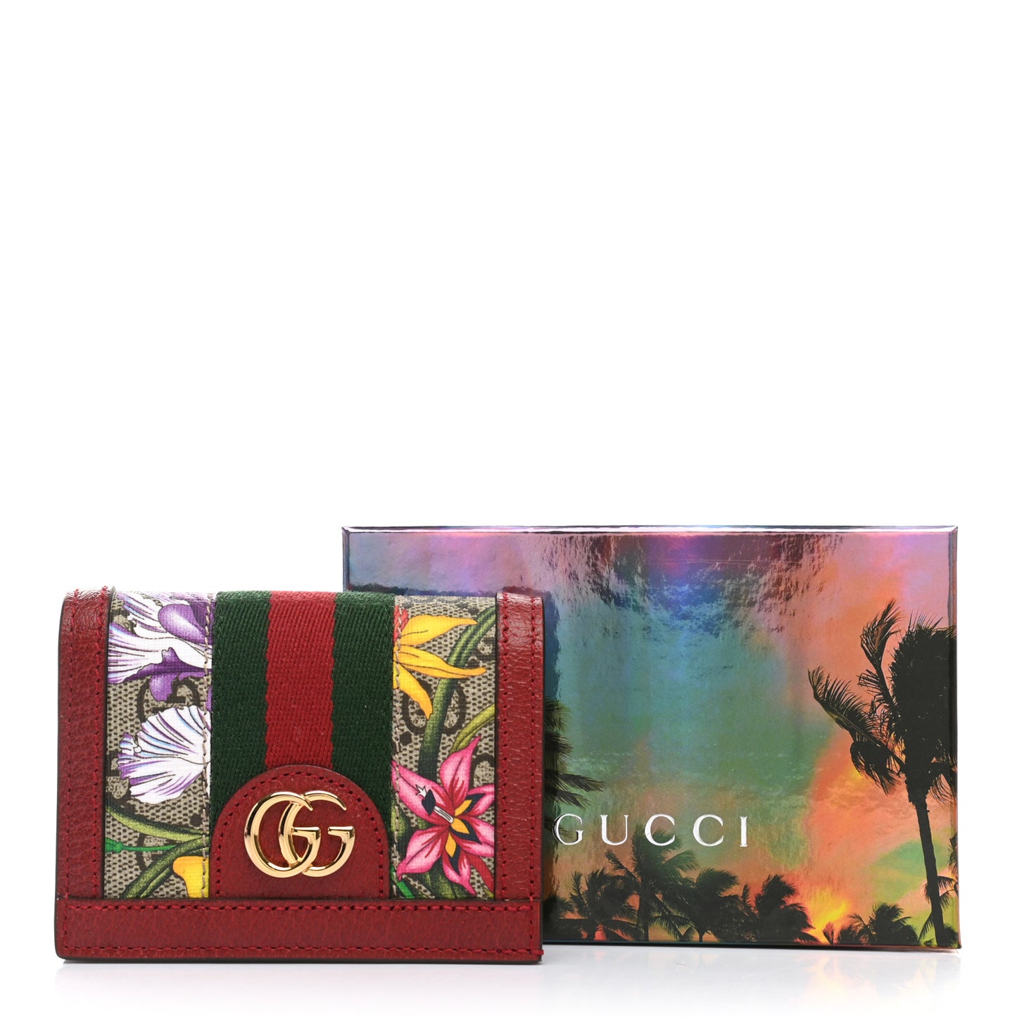 GG Supreme Monogram Flora Web Ophidia Card Case Red