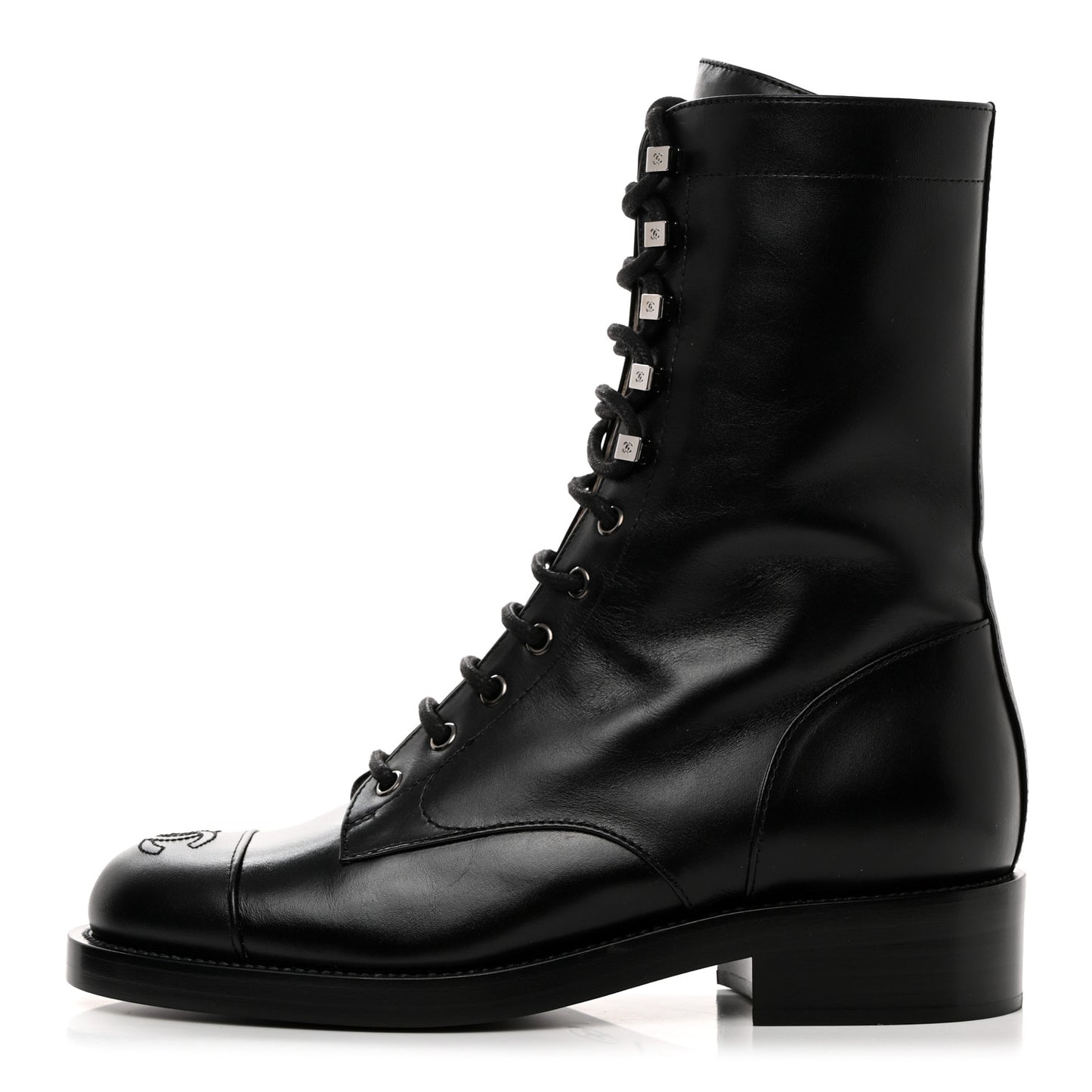 Calfskin Cap Toe Lace Up Combat Boots 39 Black