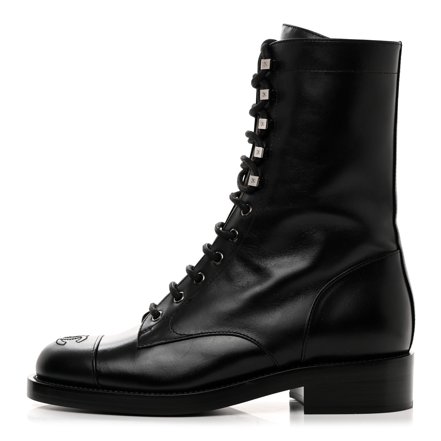 Chanel Calfskin Cap Toe Lace Up Combat Boots 39 Black 1 of 8
