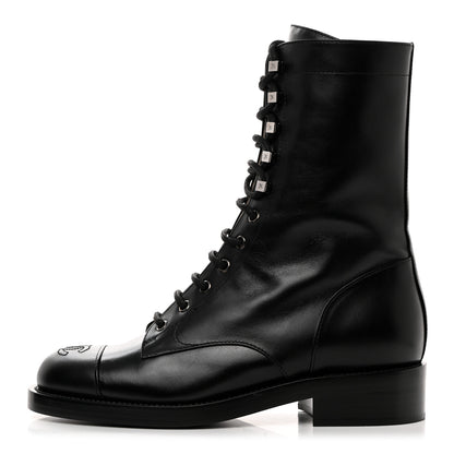 Chanel Calfskin Cap Toe Lace Up Combat Boots 39 Black 1 of 8