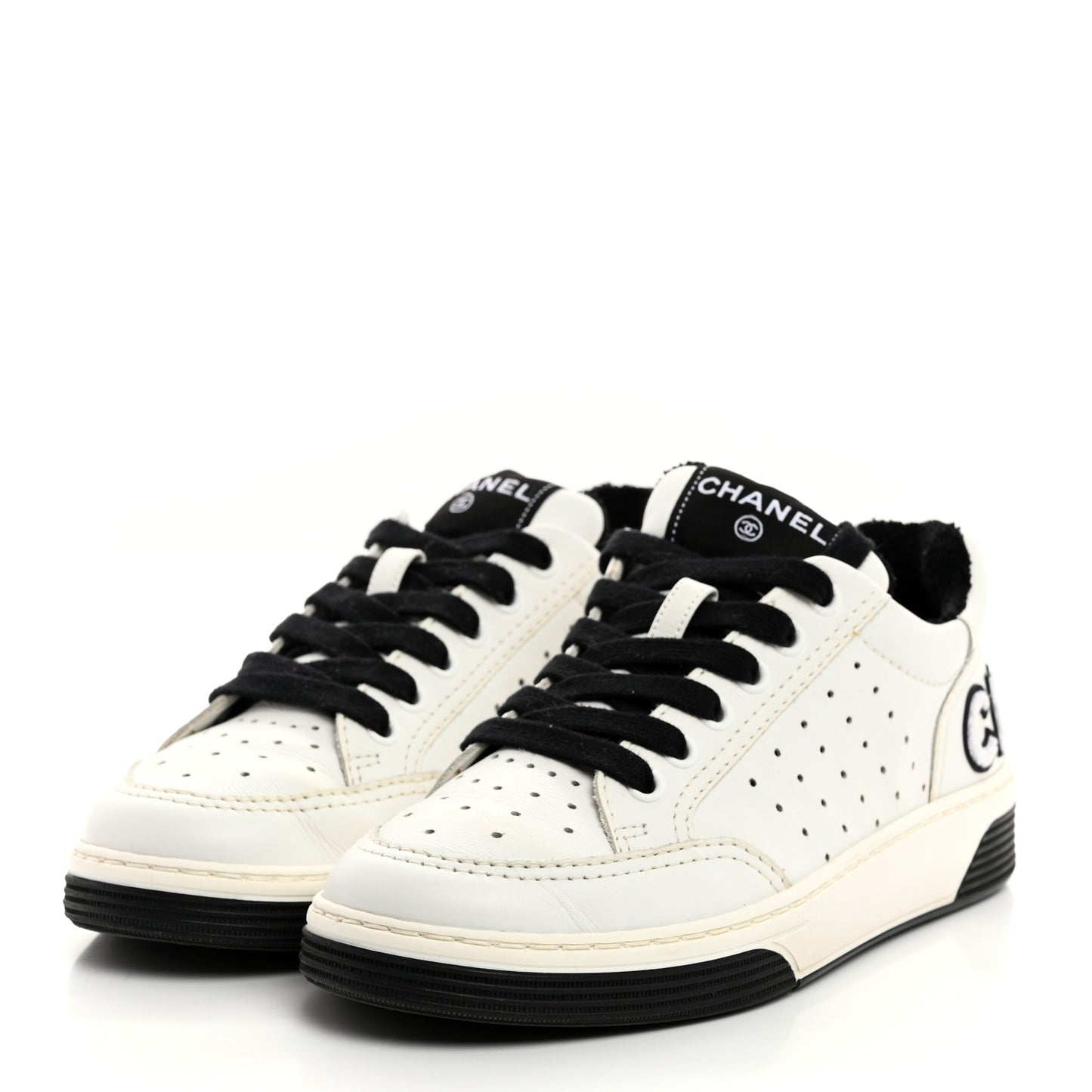 Calfskin Womens Logo Sneakers 35 Black White