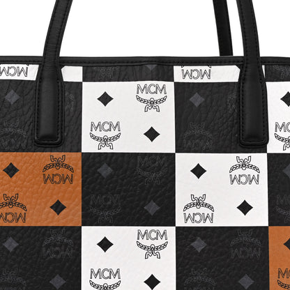 MCM Checkerboard Visetos Medium Aren Shopper Tote Black White 9 of 14