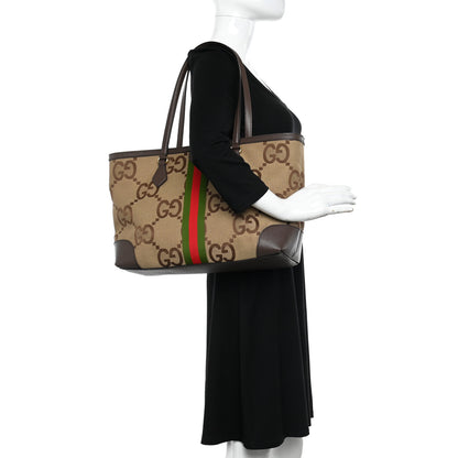 Gucci Monogram Jumbo GG Textured Dollar Calfskin Web Medium Ophidia Shopping Tote Camel Ebony 2 of 9