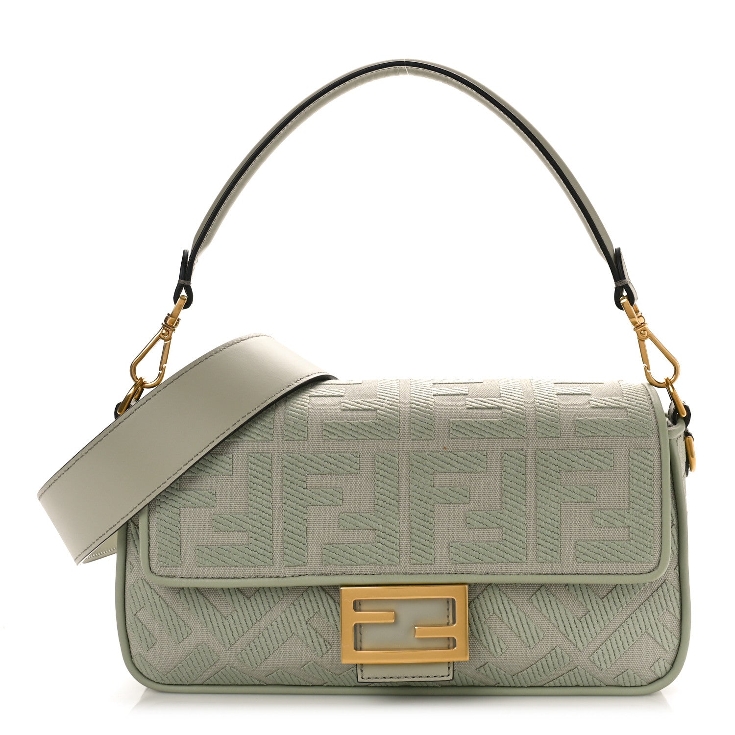 Fendi Canvas Vitello King FF Embroidered Baguette Green Tea 1 of 8