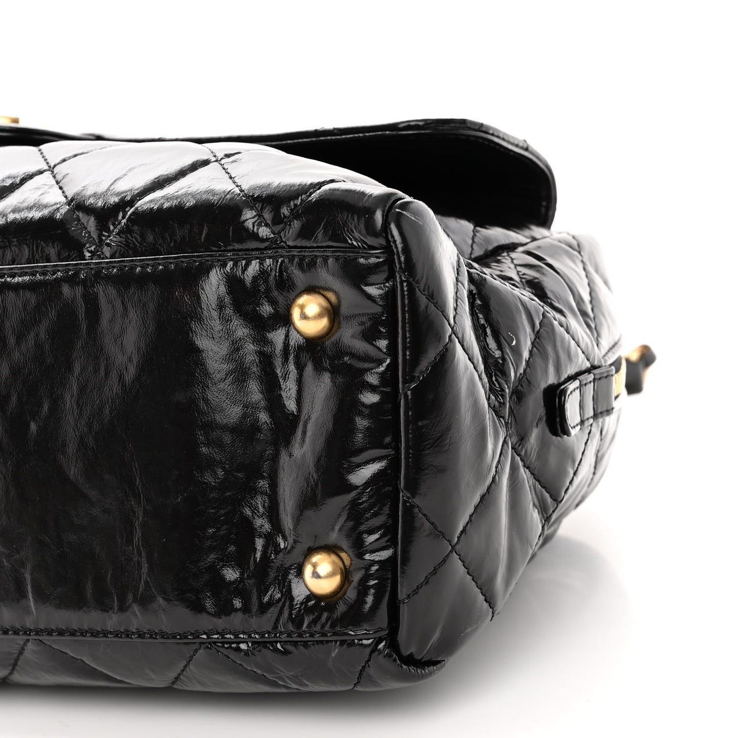 Shiny Crumpled Calfskin Quilted Large Bowling Bag Black