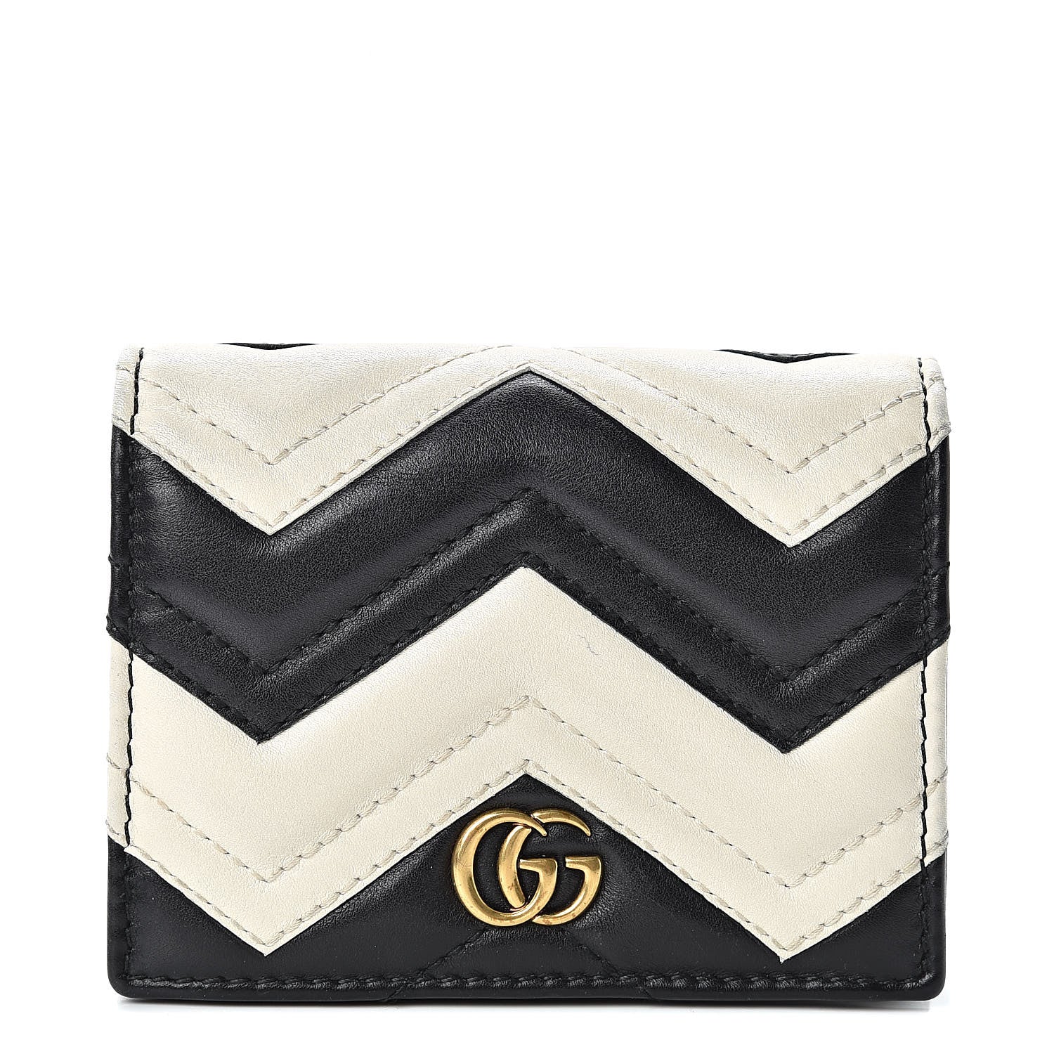 Gucci Calfskin Matelasse GG Marmont Card Case Wallet Black White 1 of 9