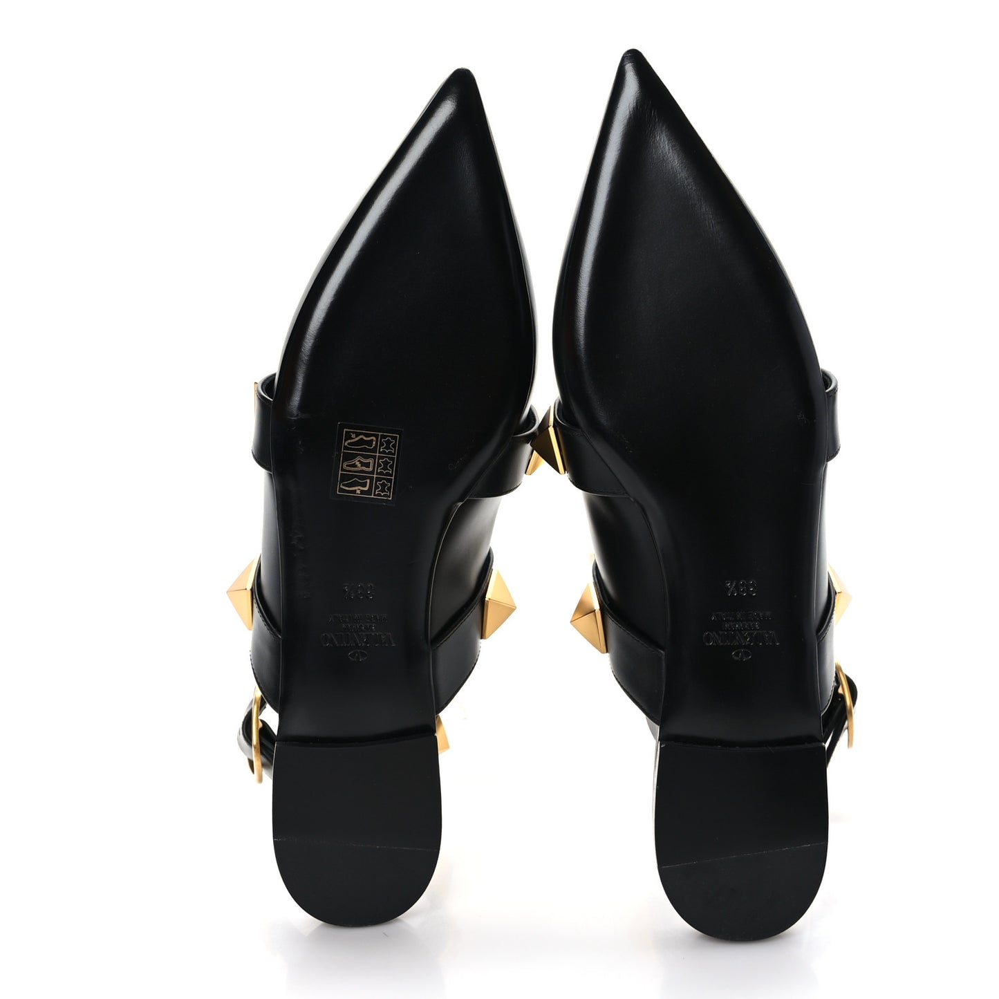 Calfskin Roman Stud Ankle Strap Flat Mules 38.5 Black