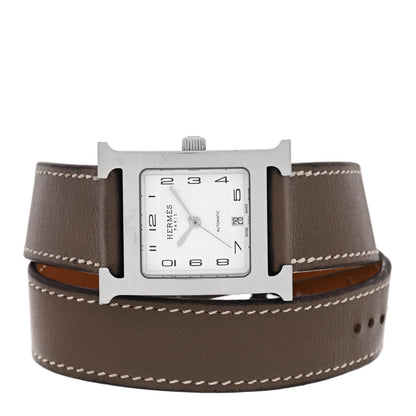 Hermes Stainless Steel Swift 26mm Heure H Hour Double Tour Automatic Watch Etoupe 2 of 5