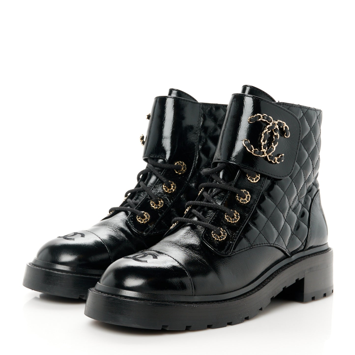 Shiny Lambskin Quilted Lace Up Combat Boots 40 Black