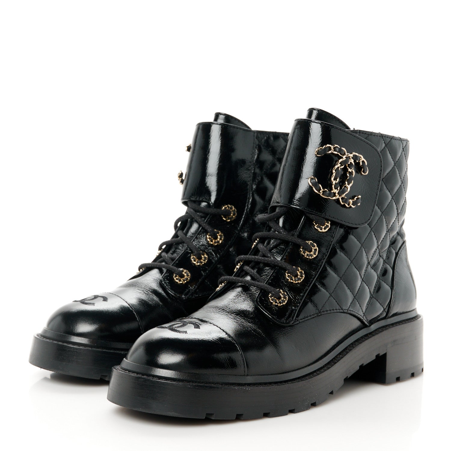 Chanel Shiny Lambskin Quilted Lace Up Combat Boots 40 Black 3 of 10