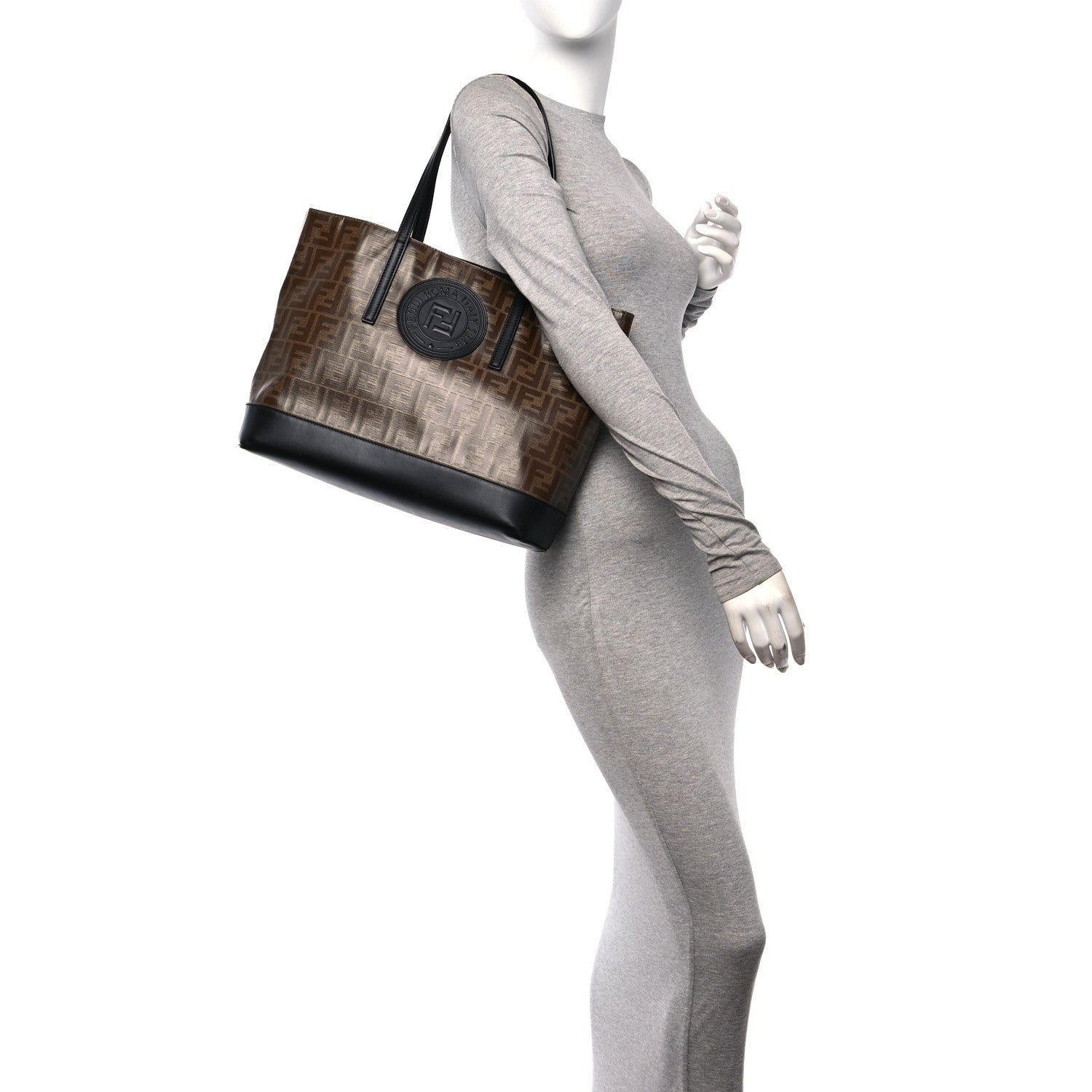 Fendi Glazed Fabric Vitello Century FF 1974 Stamp Patch Shopping Tote Mogano Panna Black 2 of 10