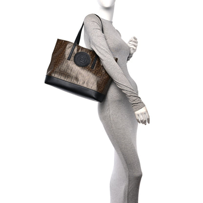Fendi Glazed Fabric Vitello Century FF 1974 Stamp Patch Shopping Tote Mogano Panna Black 2 of 10