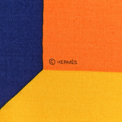 Hermes Cashmere Silk Encadre H Passant Giant Scarf 140 Orange Jaune Bleu 3 of 4