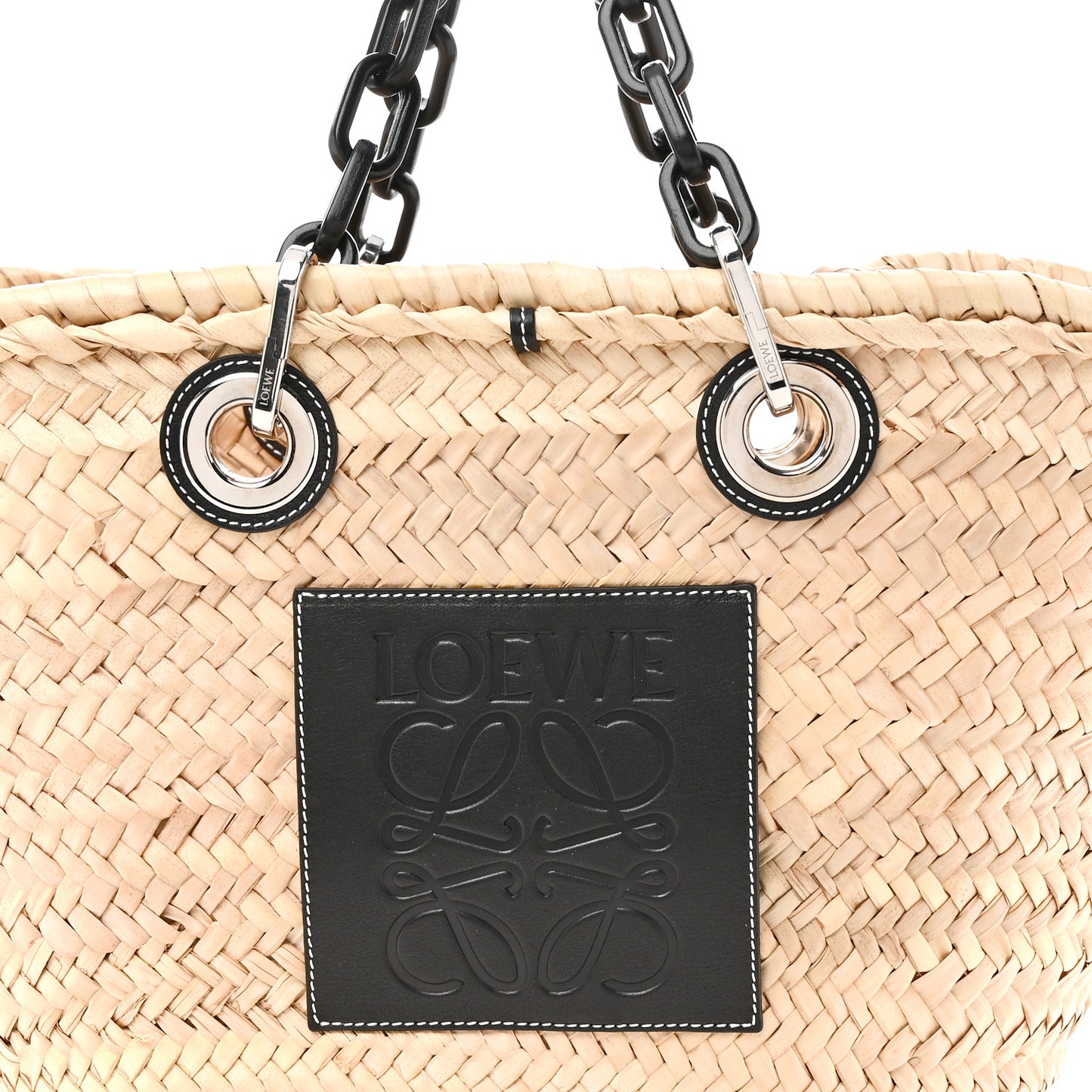 Raffia Calfskin Medium Chain Basket Tote Bag Natural Black