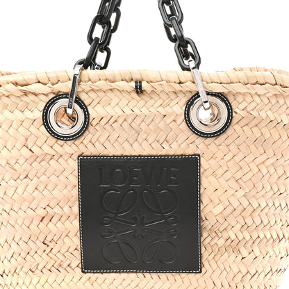 Loewe Raffia Calfskin Medium Chain Basket Tote Bag Natural Black 7 of 9