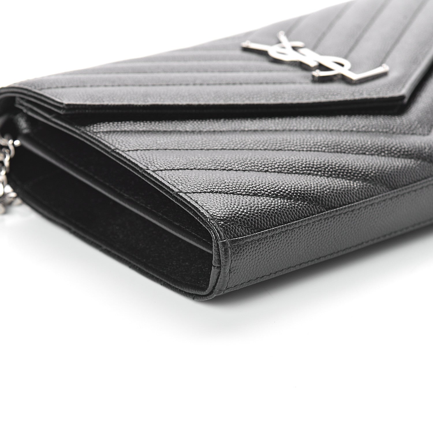 Saint Laurent Grain De Poudre Matelasse Chevron Monogram Chain Wallet Black 7 of 8
