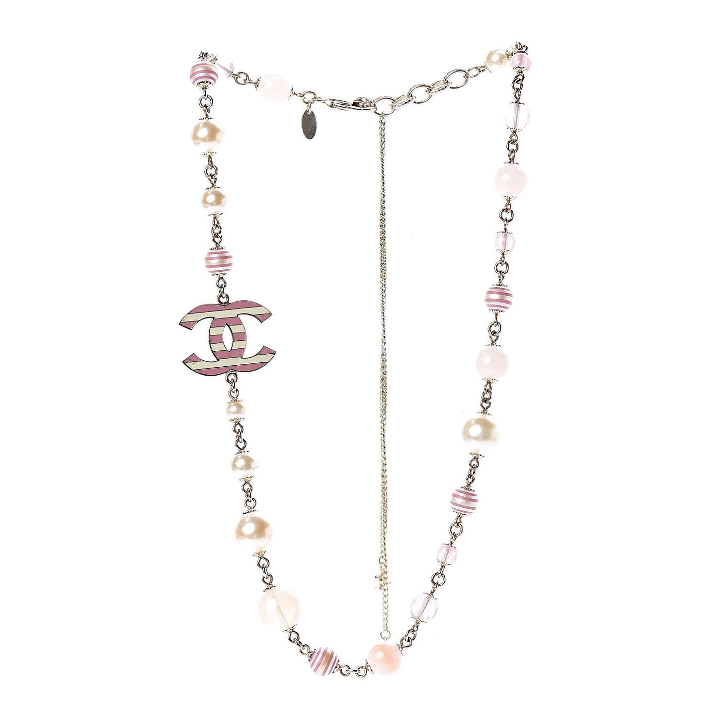 Enamel Striped Pearl CC Necklace Pink Gold