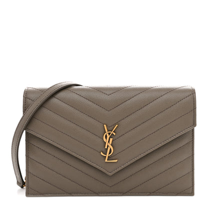 Saint Laurent Grain De Poudre Matelasse Chevron Monogram Envelope Chain Wallet Light Taupe 1 of 12