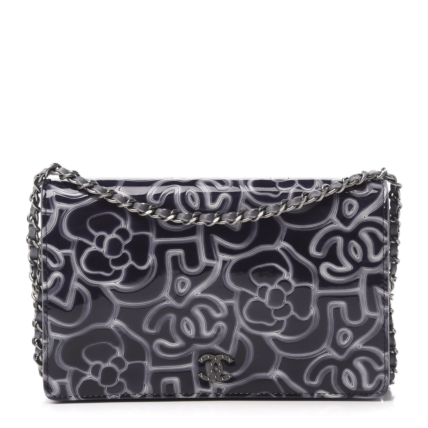 Patent Camellia Embossed Wallet on Chain WOC Dark Blue